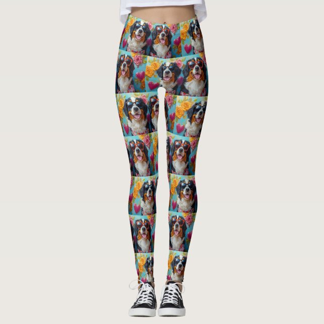 Bernese Mountain With Heart Roses Valentine's Day Leggings (Front)