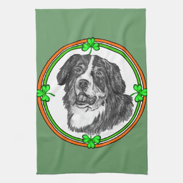 Bernese Mtn Dog St Patricks Tea Towel (Vertical)