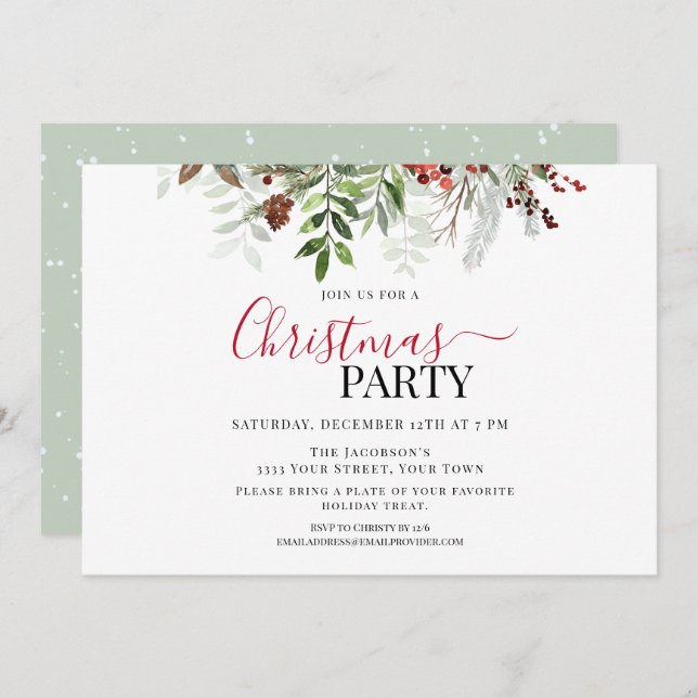 Berries and Greenery Floral Christmas Party Invitation (Front/Back)