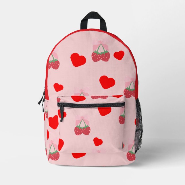 berries and hearts pink and red printed backpack (Front)