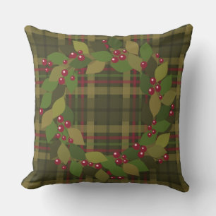 Berries and Leaves Wreath   Rustic Plaid Outdoor Cushion