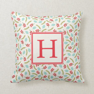 Berries and Pine Monogram Throw Pillow Ivory