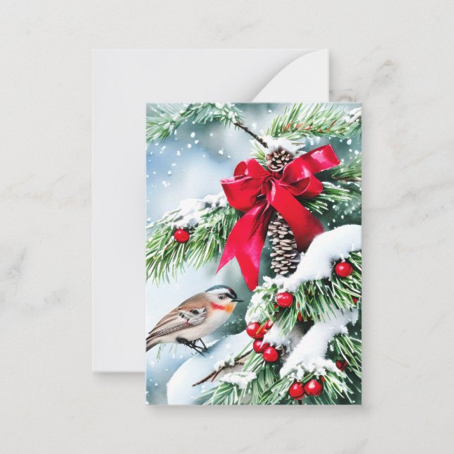 Berries bird and bow budget mini Christmas Card (Front)