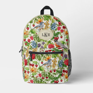 Berries & Birds Pattern 3-Letter Monogram Printed Backpack