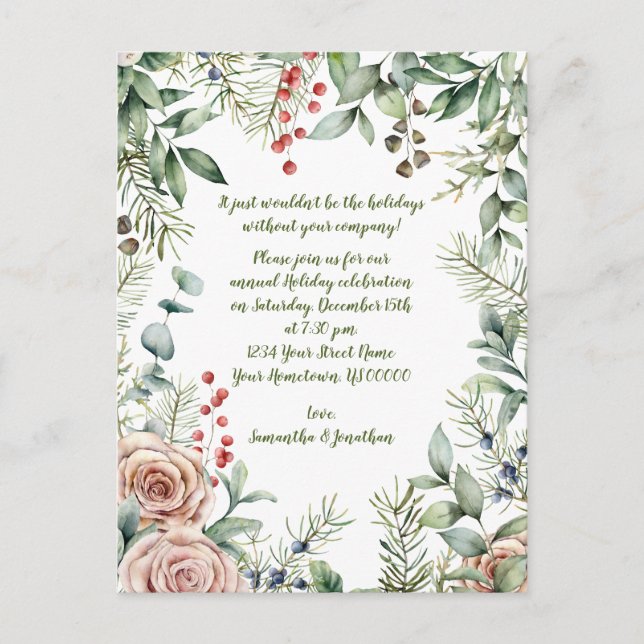 Berries, Eucalyptus, Pine, Roses Christmas Party Invitation Postcard (Front)