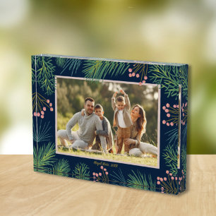 Berries Evergreens Christmas Custom Navy Blue Photo Block