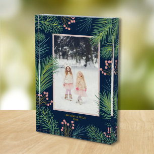 Berries Evergreens Christmas Custom Navy Blue Photo Block