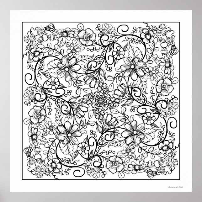 Berries Flowers and Vines Beautiful Colouring Page Poster (Front)