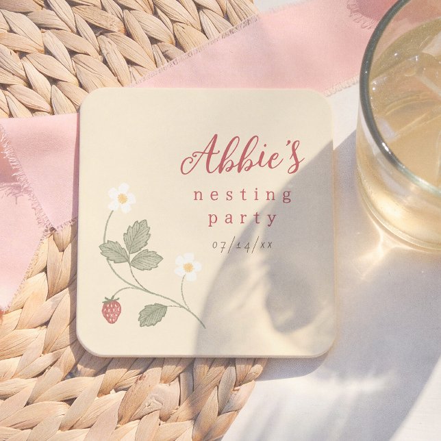Berries & Flowers Nesting Party Girl Baby Shower Square Paper Coaster (Creator Uploaded)