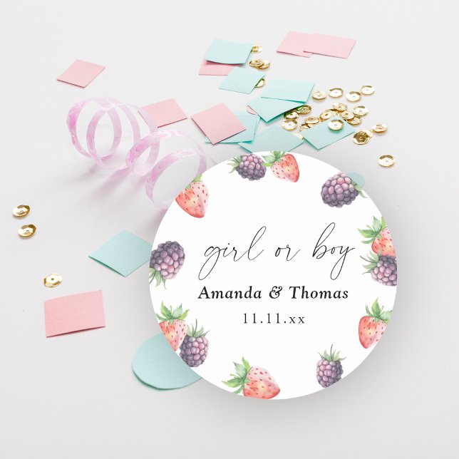 Berries Gender Reveal. Girl or Boy Classic Round Sticker (Creator Uploaded)