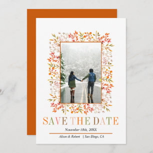 Berries, leaves border burnt orange fall wedding save the date