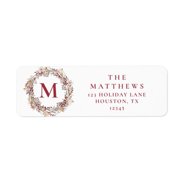Berries Monogram Holiday Return Address Label (Front)