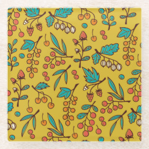 Berries on branches, seamless nature pattern. glass coaster