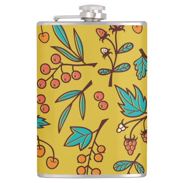 Berries on branches, seamless nature pattern. hip flask (Front)