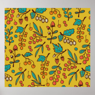 Berries on branches, seamless nature pattern. poster