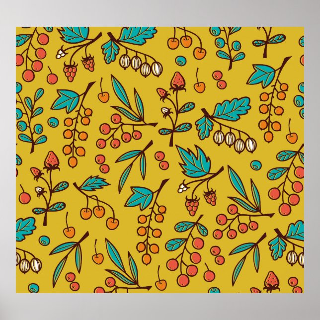 Berries on branches, seamless nature pattern. poster (Front)