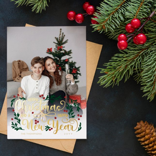 Berries Photo Merry Christmas Happy New Year Foil Holiday Card (Creator Uploaded)