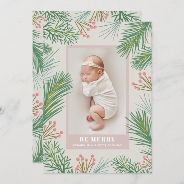 Berries Pines Christmas Photo Birth Announcements (Front/Back)