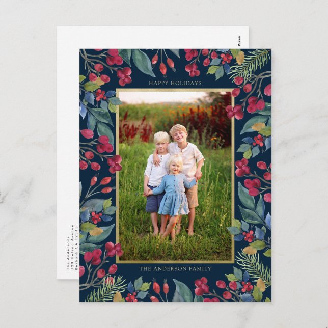 Berries Pines Gold Foil Photo Christmas  Holiday Postcard (Front/Back)