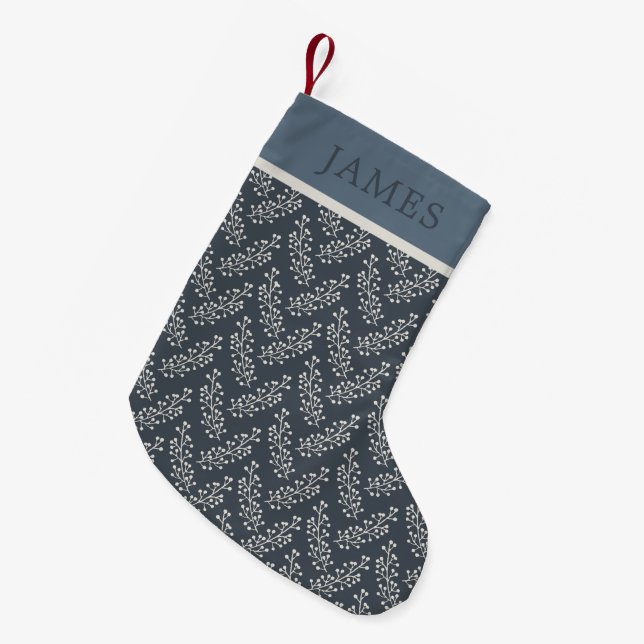 Berries Sprig Pattern Blue Cream Custom Name Small Christmas Stocking (Front (Hanging))