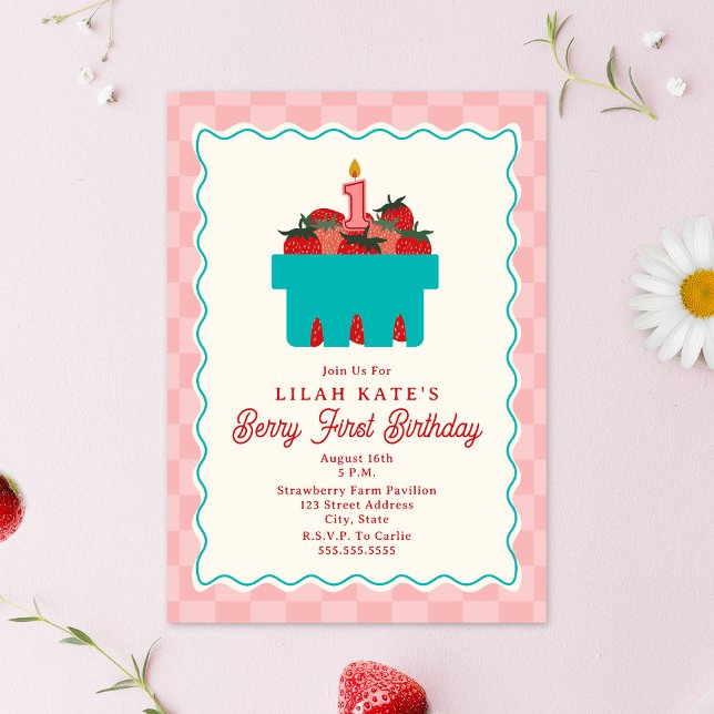 Berry 1st Birthday Chequerboard Strawberry Basket Invitation (Creator Uploaded)