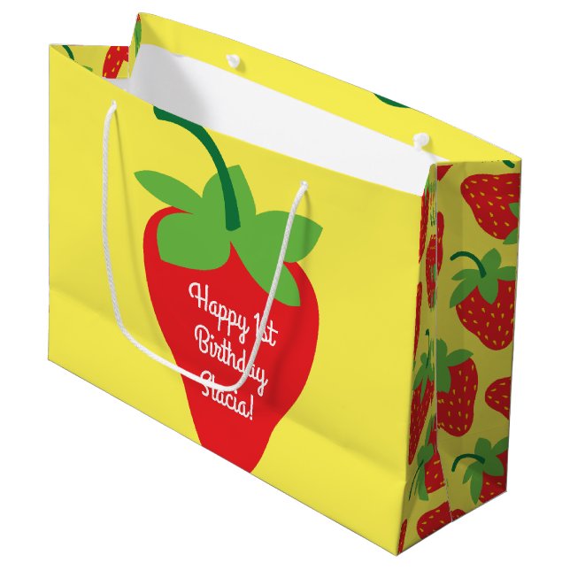 Berry 1st Birthday Cute Strawberry Colourful Mod Large Gift Bag (Front Angled)