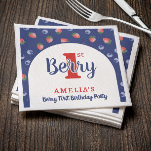 Berry 1st Birthday Party Strawberry Blueberry Blue Napkin