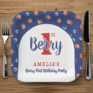 Berry 1st Birthday Party Strawberry Blueberry Blue Paper Plate