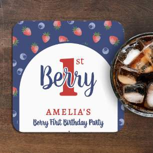 Berry 1st Birthday Party Strawberry Blueberry Blue Square Paper Coaster
