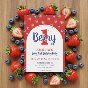 Berry 1st Birthday Party Strawberry Blueberry Red Invitation