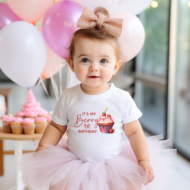 Berry 1st Birthday Pink Red Strawberry Cupcake Baby T-Shirt ("My Berry 1st Birthday" tshirt)