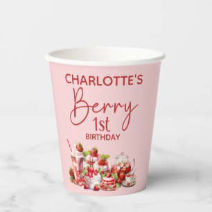 Berry 1st Birthday Pink Red Strawberry Name Paper Cups