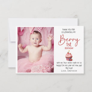 Berry 1st Birthday Pink Red Thank You Photo Card