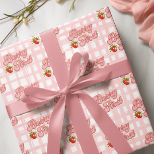 Berry 1st Birthday Pink White Stripes Strawberry Wrapping Paper