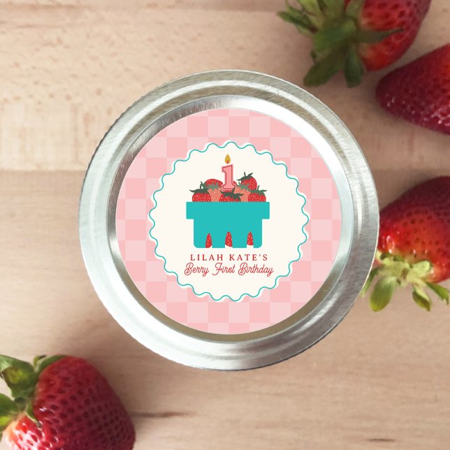 Berry 1st Birthday Strawberry Basket Chequerboard Classic Round Sticker (Creator Uploaded)