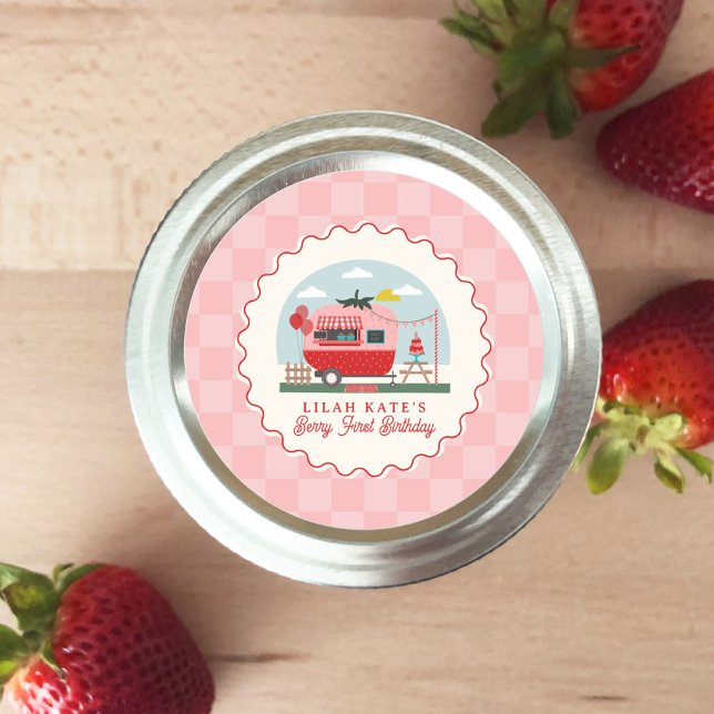 Berry 1st Birthday Strawberry Camper Chequered  Classic Round Sticker (Creator Uploaded)