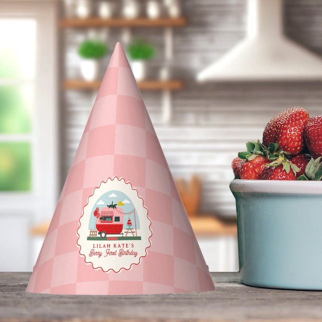 Berry 1st Birthday Strawberry Camper Chequered  Party Hat (Creator Uploaded)