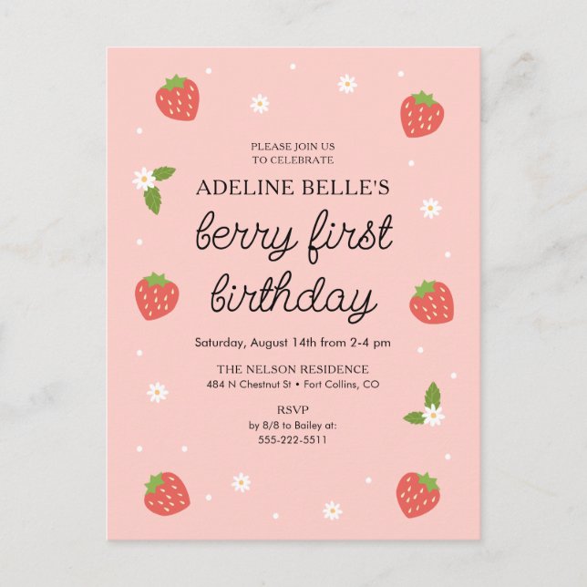 Berry 1st Birthday Strawberry First Birthday Party Postcard (Front)