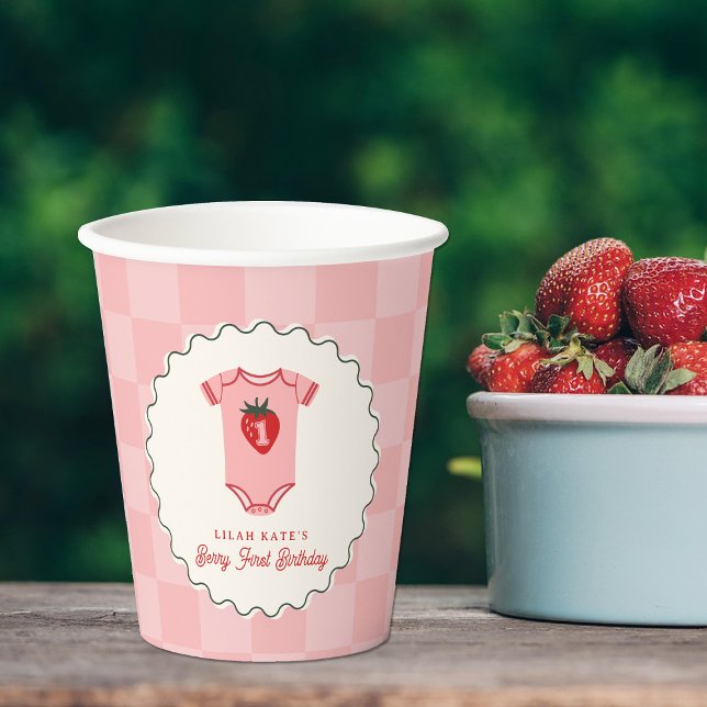 Berry 1st Birthday Strawberry Shirt Chequerboard Paper Cups (Creator Uploaded)