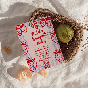 Berry 1st DIY Hand Drawn Strawberry Girl Birthday  Invitation