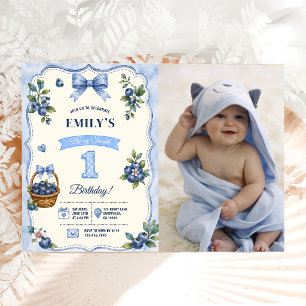 Berry 1st First Bow Blueberry Birthday Photo Invitation