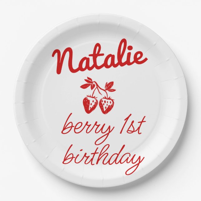 Berry 1st Hand Drawn Strawberries Retro Birthday Paper Plate (Front)