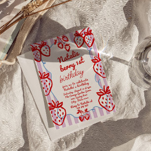 Berry 1st Hand Drawn Strawberry Girl Fun Birthday Invitation