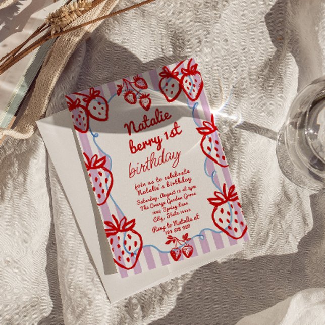 Berry 1st Hand Drawn Strawberry Girl Fun Birthday Invitation (Creator Uploaded)