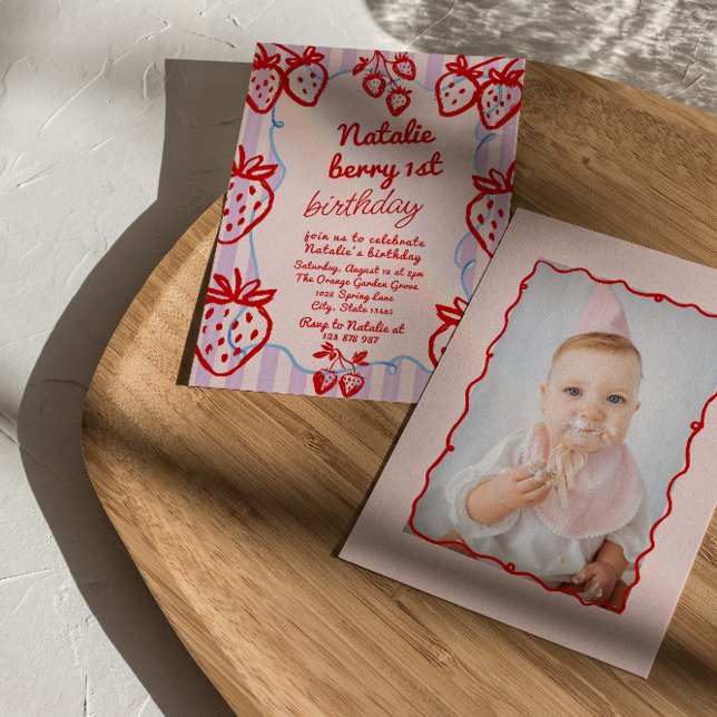 Berry 1st Hand Drawn Strawberry Photo Birthday  Invitation (Creator Uploaded)