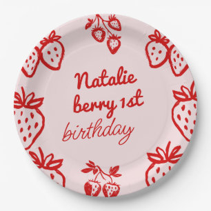 Berry 1st Pink Hand Drawn Strawberry Girl Birthday Paper Plate
