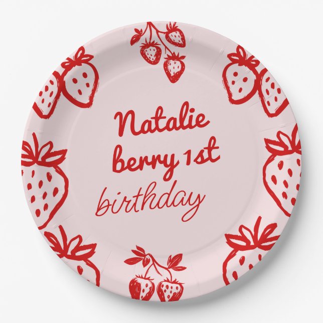 Berry 1st Pink Hand Drawn Strawberry Girl Birthday Paper Plate (Front)