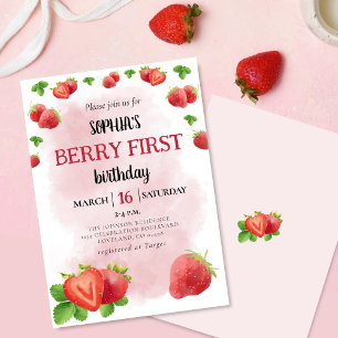 Berry 1st Strawberry Girl Birthday Party Invite