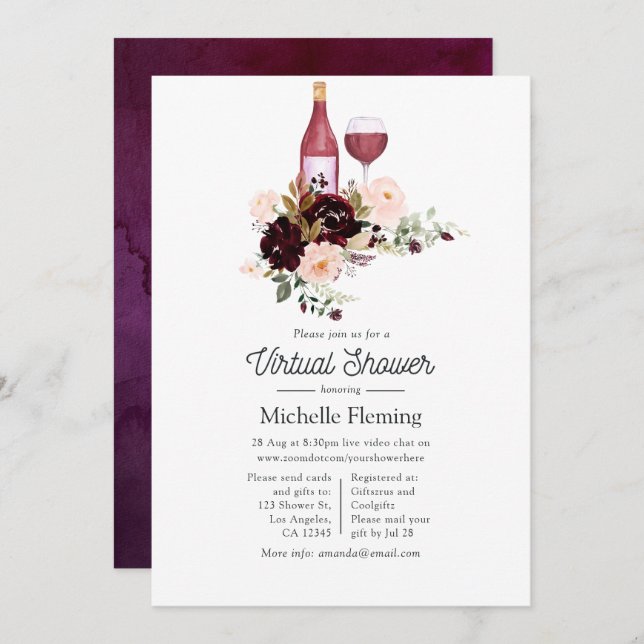 Berry and Blush Wine themed Virtual Bridal Shower Invitation (Front/Back)