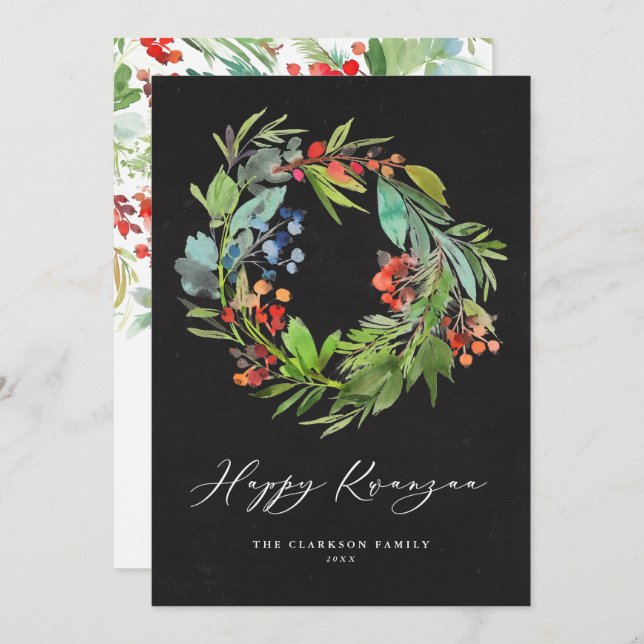 Berry and Greenery Wreath Chalkboard Happy Kwanzaa Holiday Card (Front/Back)